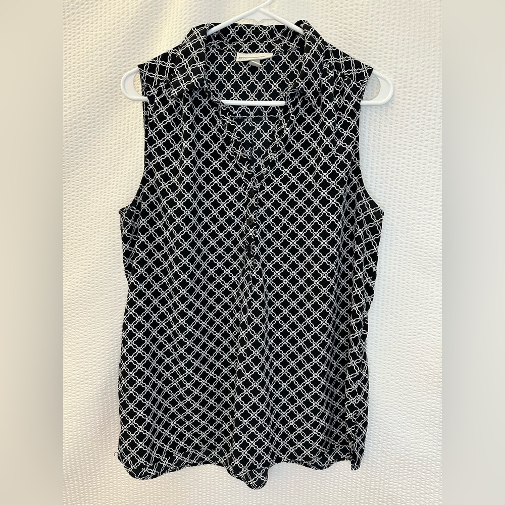 DANA BUCHMAN Black White Sleeveless Button Front Blouse Women's Large Career Top